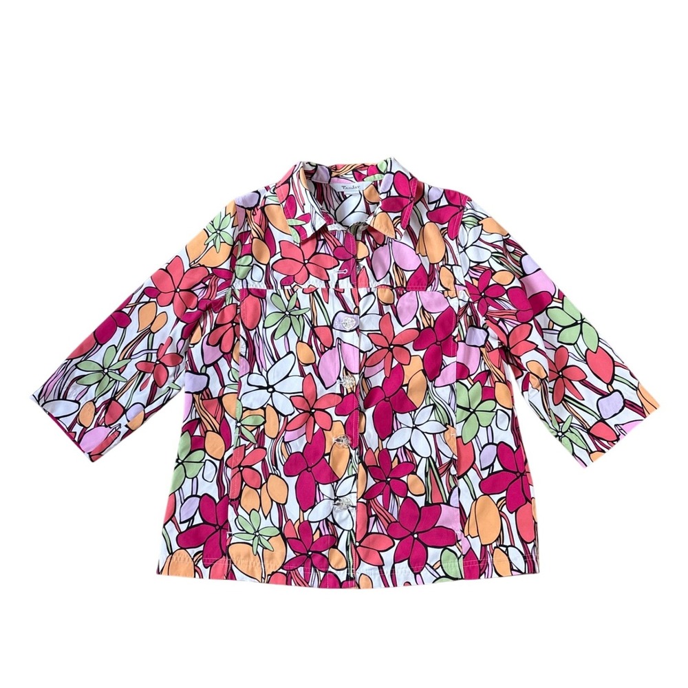 Tanjay‎ Floral Button Down Jacket Womens Multi Color 3/4 Sleeve SIZE 8